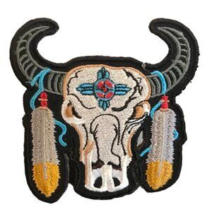 Southwestern Iron-On Patch Bull Skull Embroidered Feathers 3 x 2.75"